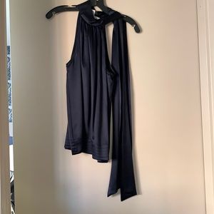 Diane von Furstenberg DVF navy silk halter top with neck tie bow